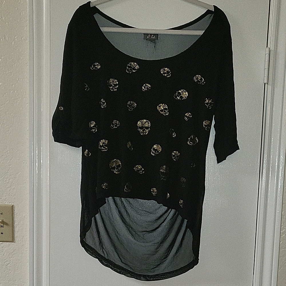 Dots | 00s Indie Sleeze Black and Gold Skull Print Women's Top